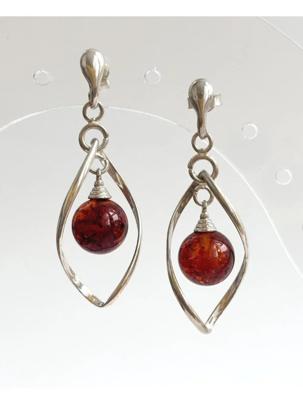 Natural Baltic Amber Marquise Art Deco Vintage Sterling Silver 925 Earrings